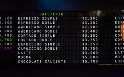 Split-Flap TV coffee cafeteria menu board showing drinks and prices