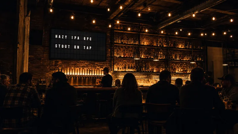 A taproom with a wall-mounted screen above the bar showing a split-flap board that reads HAZY IPA 6PC and STOUT ON TAP.