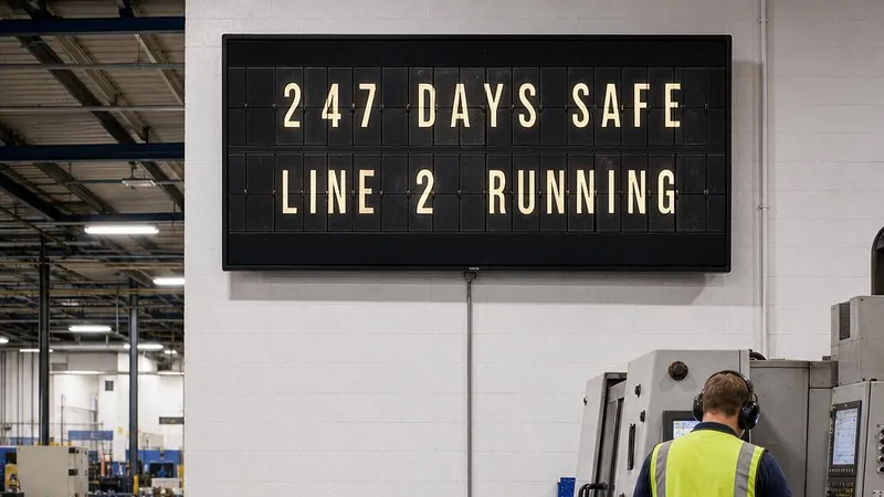 A manufacturing workshop with a wall-mounted screen showing a split-flap board that reads 247 DAYS SAFE and LINE 2 RUNNING.