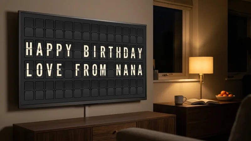 A family living room with a wall-mounted screen showing a split-flap board that reads HAPPY BIRTHDAY and LOVE FROM NANA.