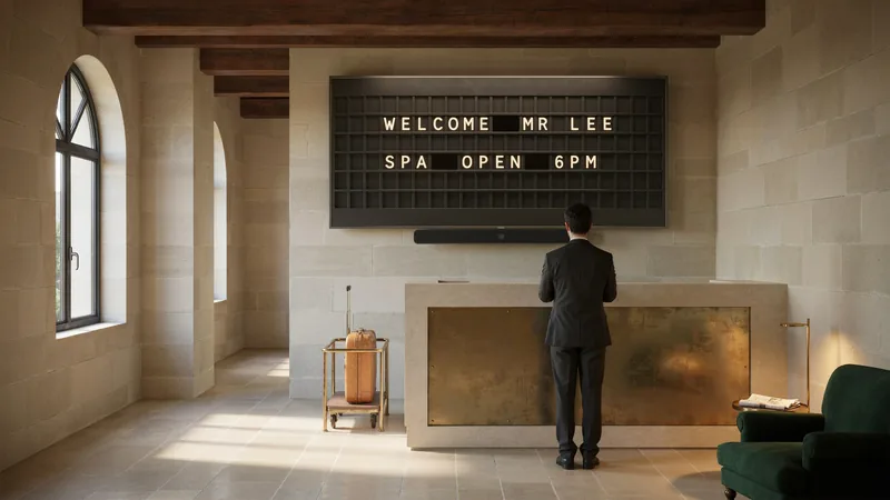 A hotel lobby with a wall-mounted screen behind reception showing a split-flap board that reads WELCOME MR LEE and SPA OPEN 6PM.