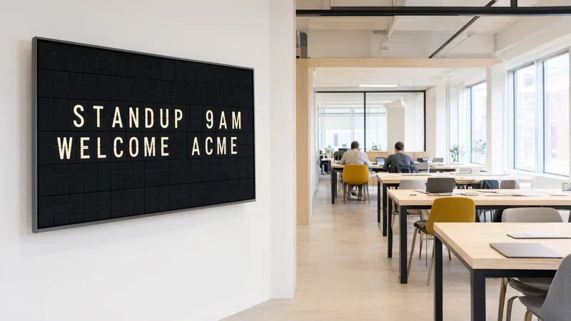 A coworking reception with a wall-mounted screen showing a split-flap board that reads STANDUP 9AM and WELCOME ACME.