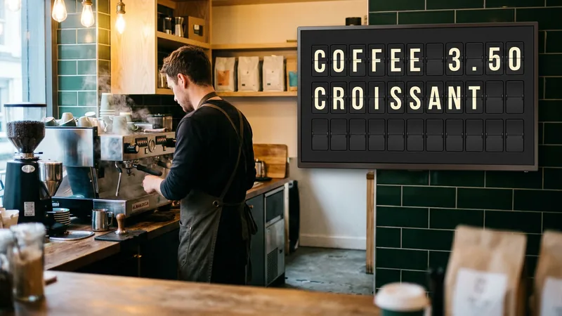 A coffee bar with a wall-mounted screen showing a split-flap board that reads COFFEE 3.50 and CROISSANT.