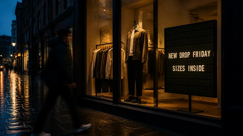 A clothing store window at dusk with a screen facing the street showing a split-flap board that reads NEW DROP FRIDAY and SIZES INSIDE.