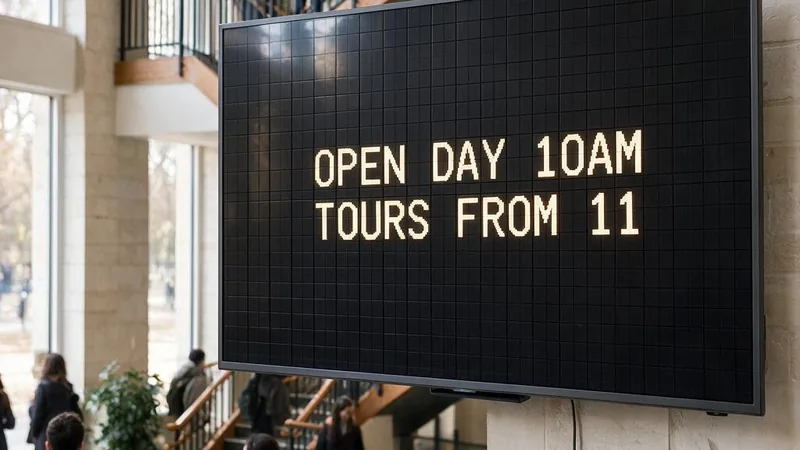 A university foyer on an open day with a wall-mounted screen showing a split-flap board that reads OPEN DAY 10AM and TOURS FROM 11.