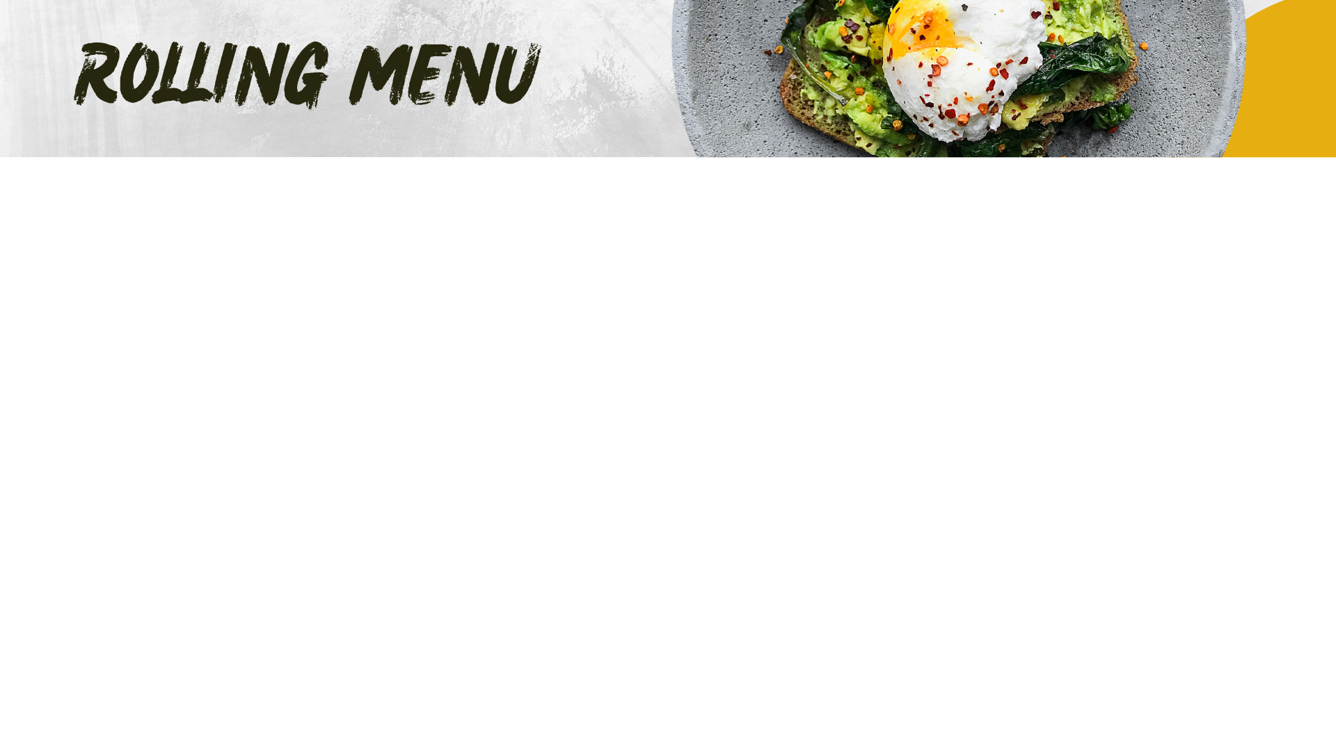 A split-flap overlay with a header strip across the top reading ROLLING MENU beside a food photograph, the rest transparent