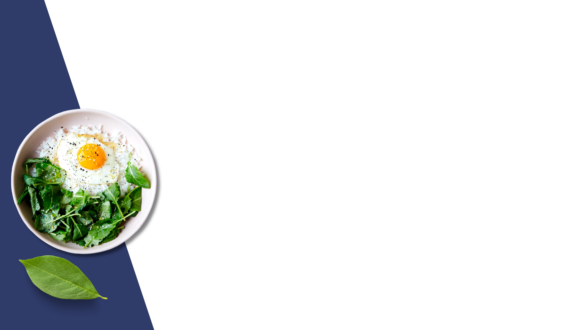 A split-flap overlay with a dark blue angled panel down the left side carrying a food photograph, the rest transparent