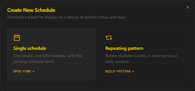 The Create New Schedule dialog in Split-Flap TV, offering a single schedule for one board in one time window, or a repeating pattern that rotates multiple boards across a daily window.