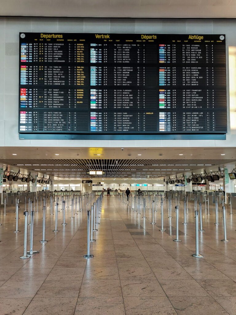 split-flap board with flight info at Brussels airport
