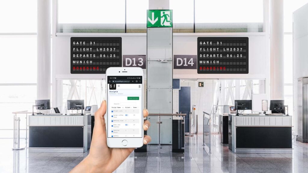 use a phone to update messages on a television in airport style