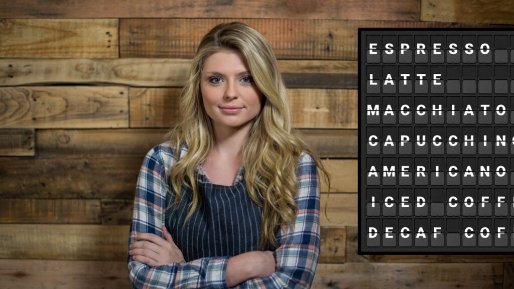 waitress waiting next to split-flap tv with coffee shop pricelist