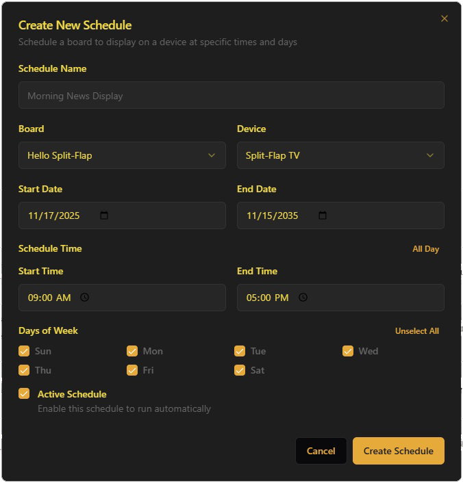 How does Split Flap TV work Scheduling a board for playback
