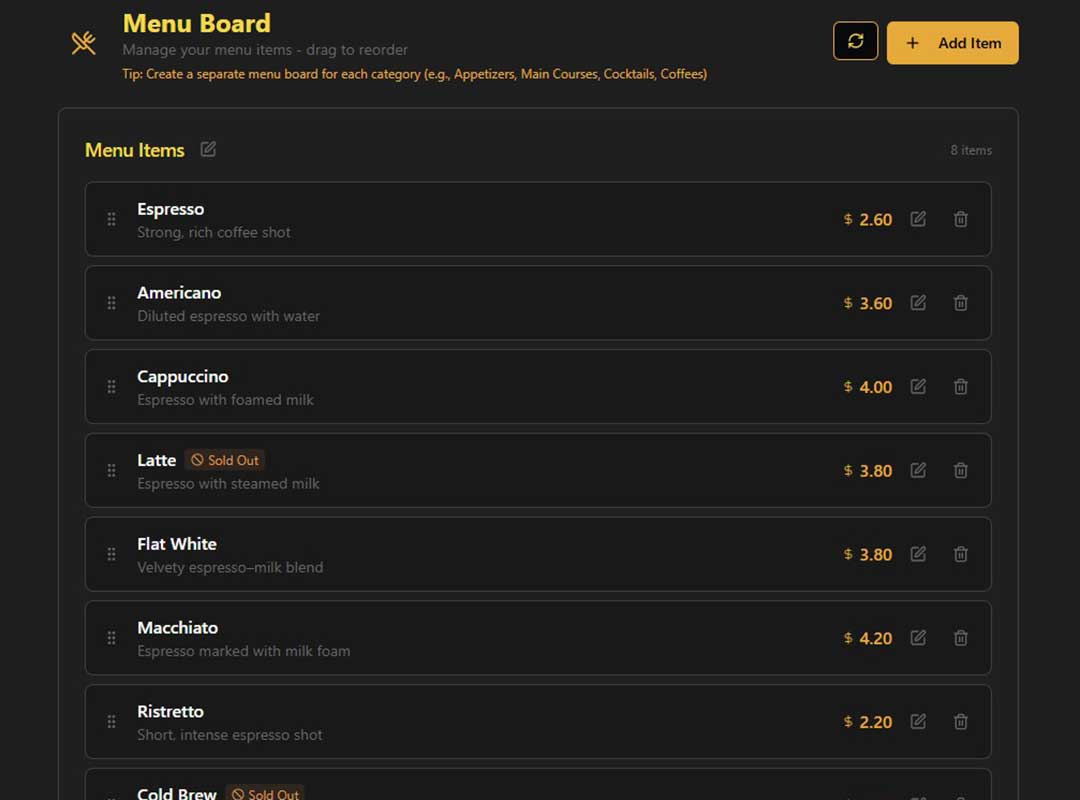 A full menu board with items and prices