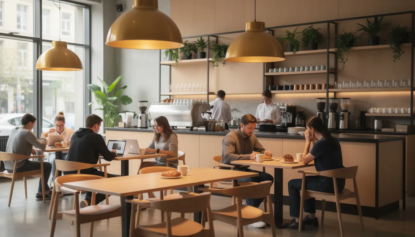 The image depicts the interior of a modern coffee shop, featuring warm lighting that creates a welcoming space for customers seated at wooden tables. The atmosphere reflects a vibrant coffee culture, with patrons enjoying their cups of coffee and engaging in conversation, embodying the essence of a local coffee shop.