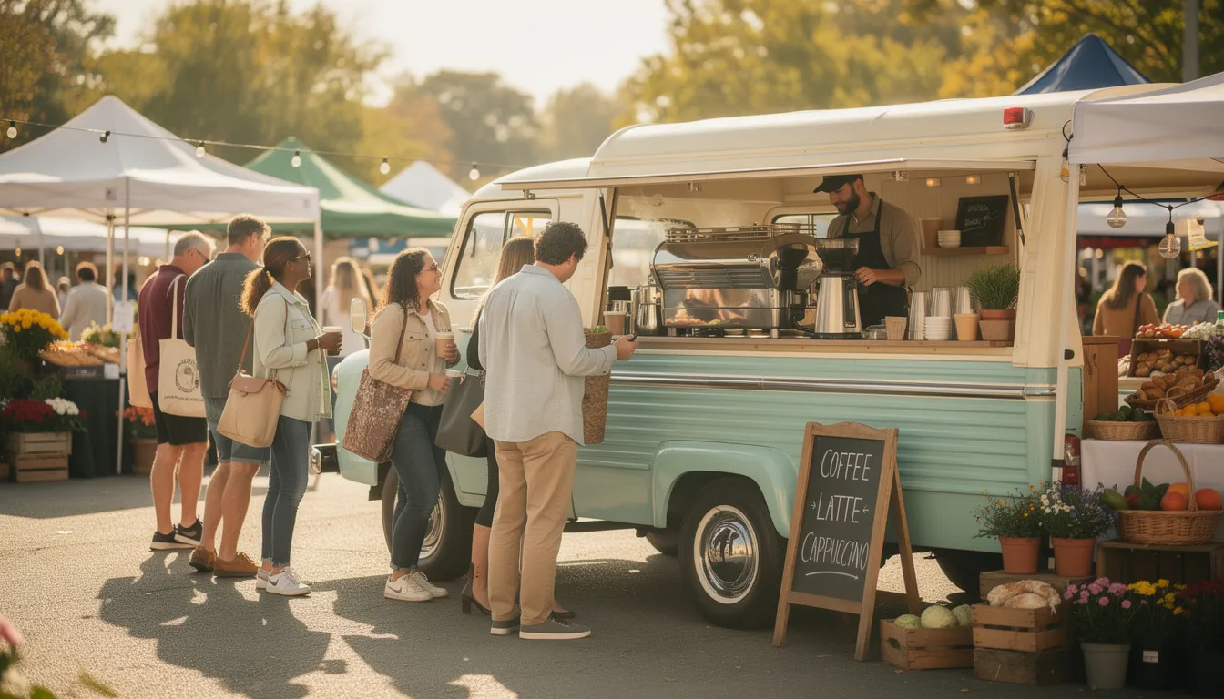 A vintage coffee truck is parked at a bustling outdoor farmers market, with a line of eager customers waiting to enjoy specialty drinks and baked goods. The scene captures the essence of local coffee culture, fostering community ties and attracting patrons with its welcoming space.