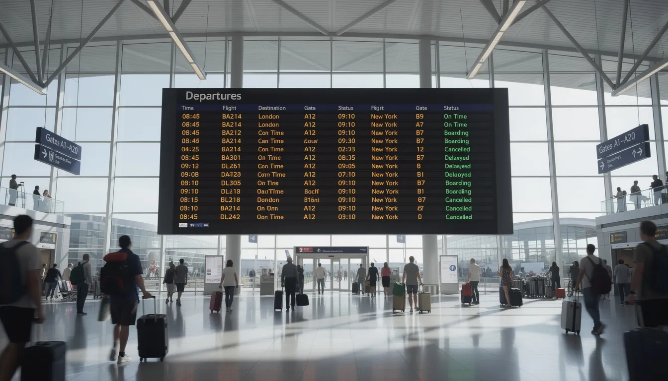 An interactive digital departure board in a busy airport terminal displays real-time flight times and gate information, enhancing the customer experience with dynamic content and improving communication for travelers. The digital signage allows users to easily access relevant information in a fast-paced environment.
