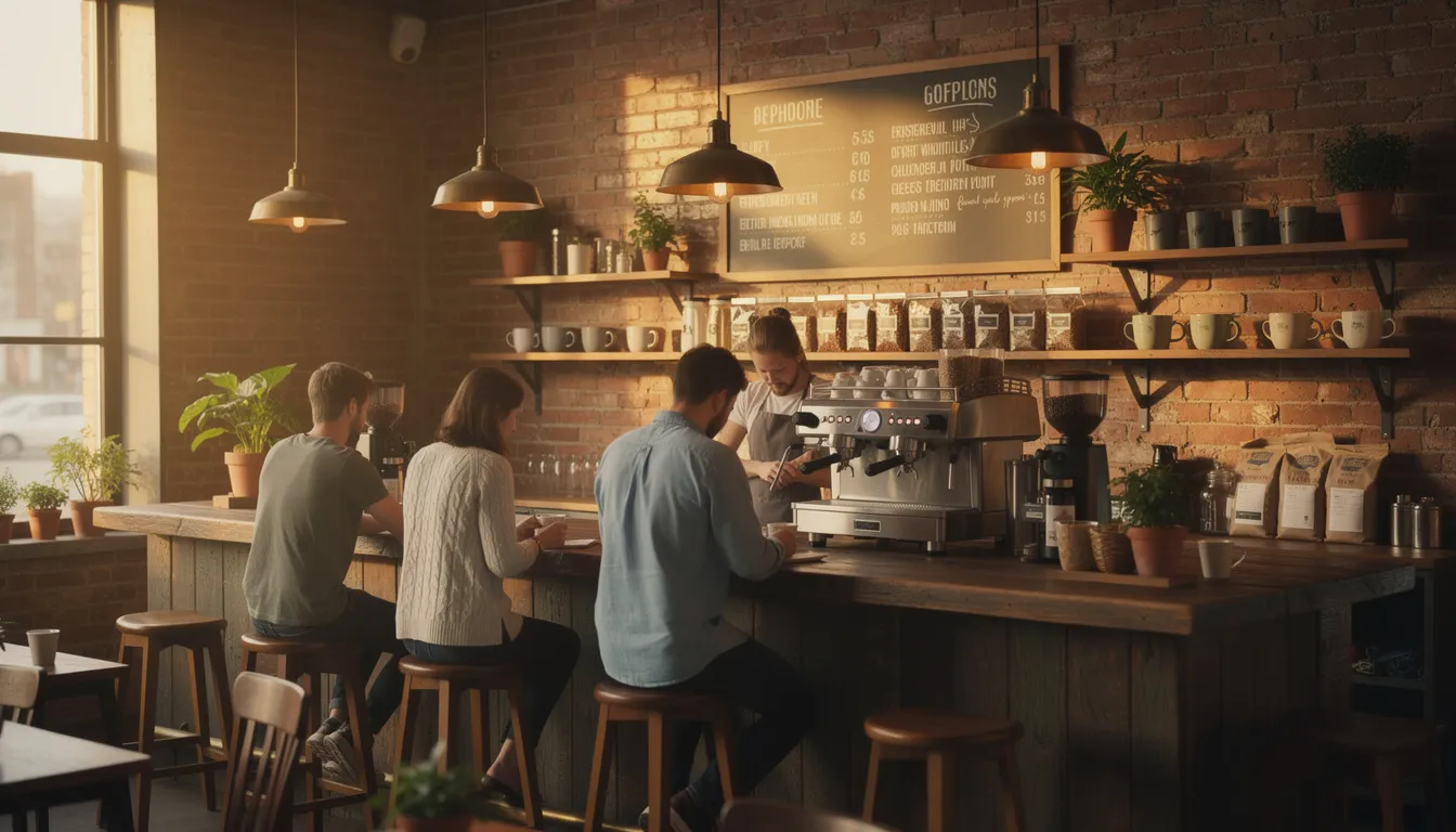 The image depicts a cozy coffee shop interior featuring customers gathered around a wooden counter, highlighted by warm lighting and exposed brick walls. The inviting atmosphere enhances the dining experience, while the well-designed menu boards attract customers with clear visual hierarchy and seasonal specials.
