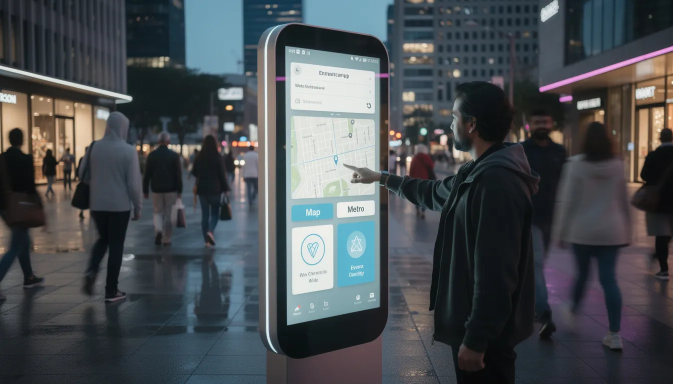 The image features a futuristic interactive display totem situated in a bustling urban pedestrian area, where people are seen walking past. This interactive digital signage showcases dynamic content, enhancing customer engagement and improving communication in the environment.