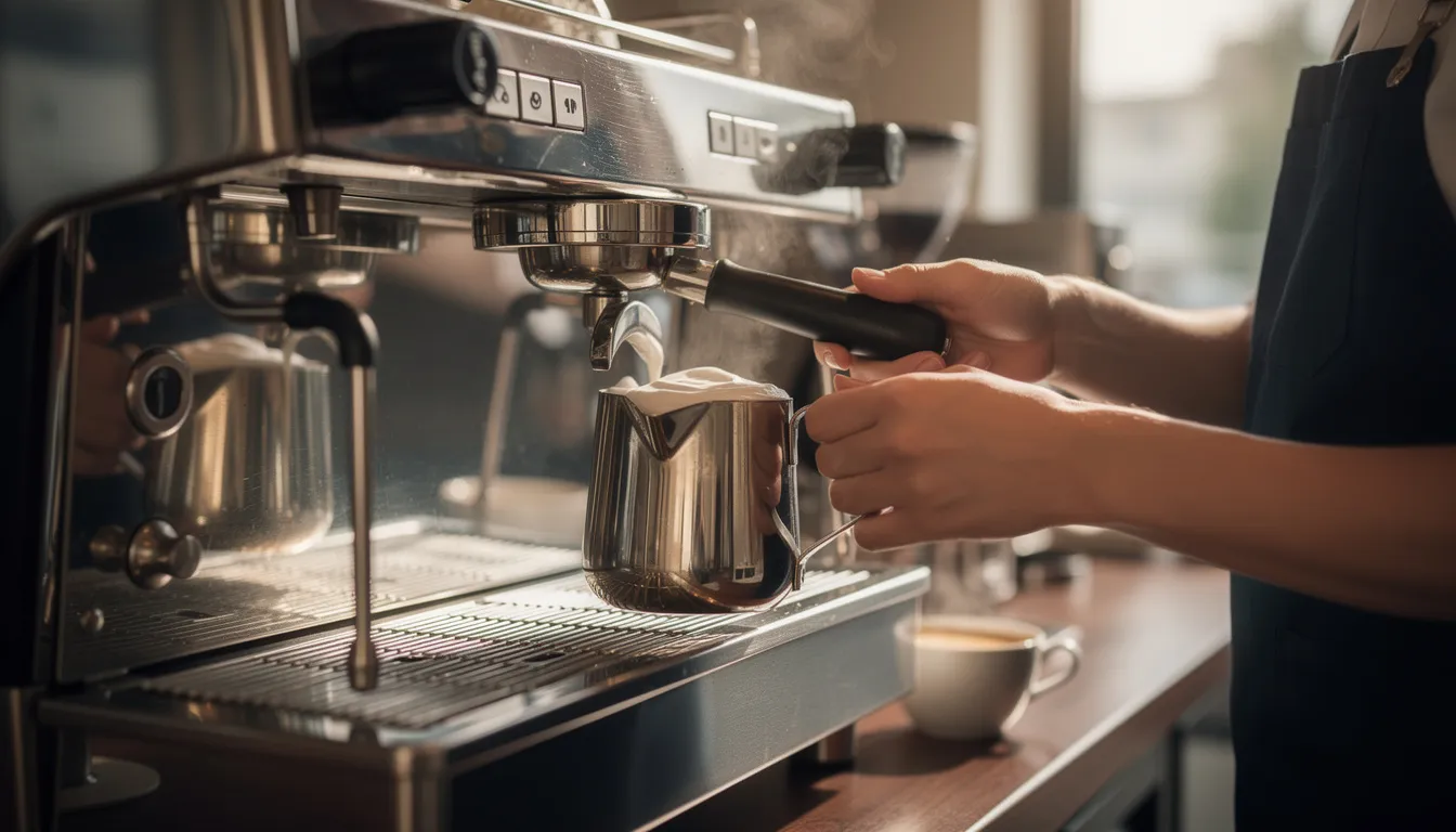 A professional espresso machine is surrounded by steam as a barista's hands skillfully prepare a delicious coffee drink, showcasing the art of coffee making in a bustling coffee shop environment. This image captures the essence of a thriving coffee business, emphasizing the importance of exceptional customer service and high-quality coffee offerings.