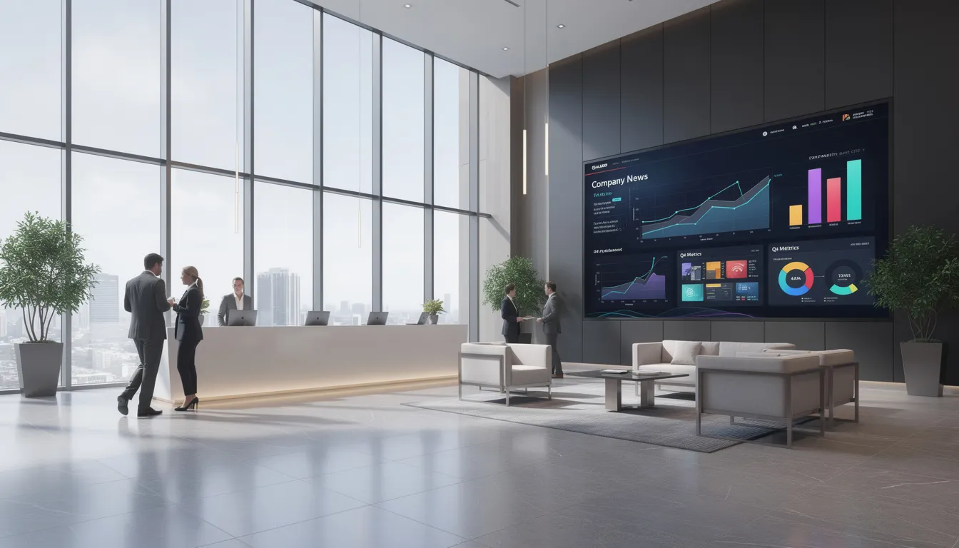 The image depicts a modern corporate lobby featuring a large digital display that showcases company news and metrics through dynamic content. This interactive digital signage enhances the customer experience by allowing users to engage with real-time updates and relevant information in a visually appealing environment.