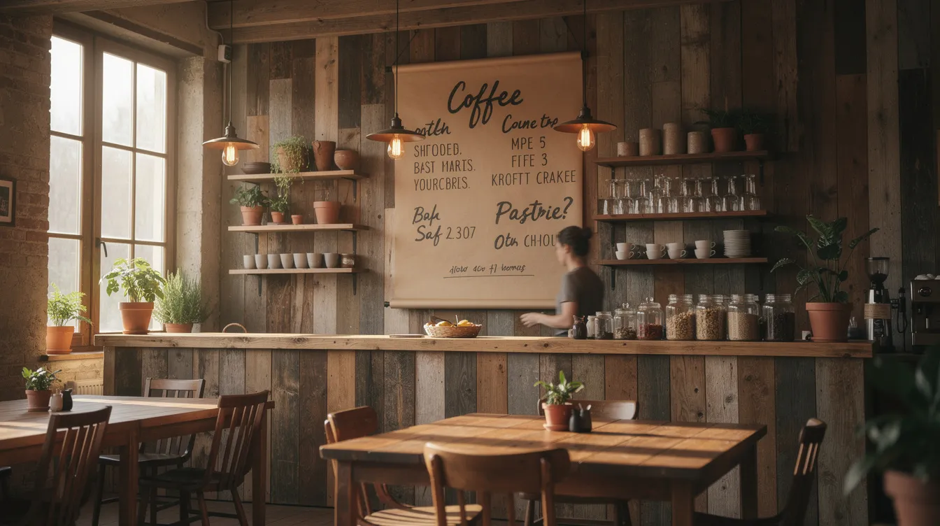 The image showcases a rustic cafe interior featuring a kraft paper menu roll as a central menu display, surrounded by warm wooden decor that enhances the overall atmosphere. This inviting setting highlights the cafe's menu items, creating an appealing environment for customers to explore daily specials and promotions.