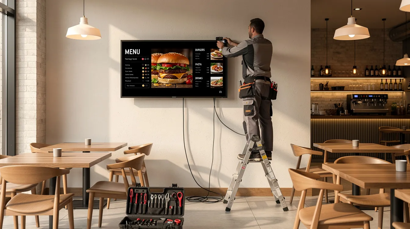 A professional installer is mounting a sleek digital screen on a restaurant wall, preparing to showcase dynamic content for the digital menu boards. This installation aims to enhance the customer experience by providing an interactive display of menu items and promotions.