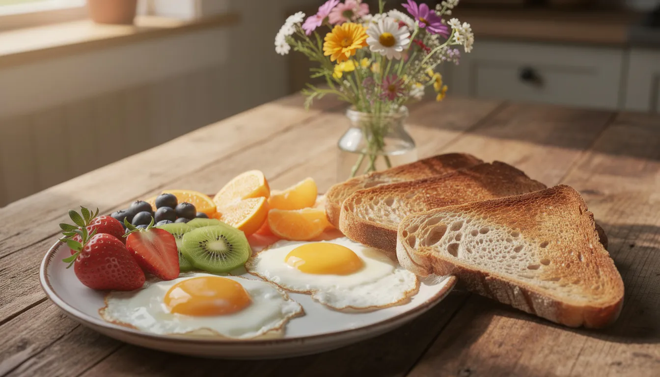 A beautifully plated breakfast featuring farm-fresh eggs, vibrant fruit, and artisan bread is elegantly arranged on a wooden table, accompanied by a small vase of wildflowers, creating a delightful guest experience in a cozy bed and breakfast setting.