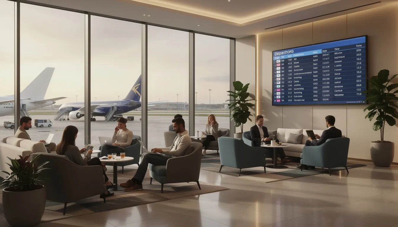 A stylish airport lounge features travelers relaxing comfortably, while a digital flight information display system (FIDS) shows real-time flight updates, including departure information, flight numbers, and gate assignments on an LED screen. This modern setting enhances the passenger experience by providing crucial flight data in an integrated and efficient manner.
