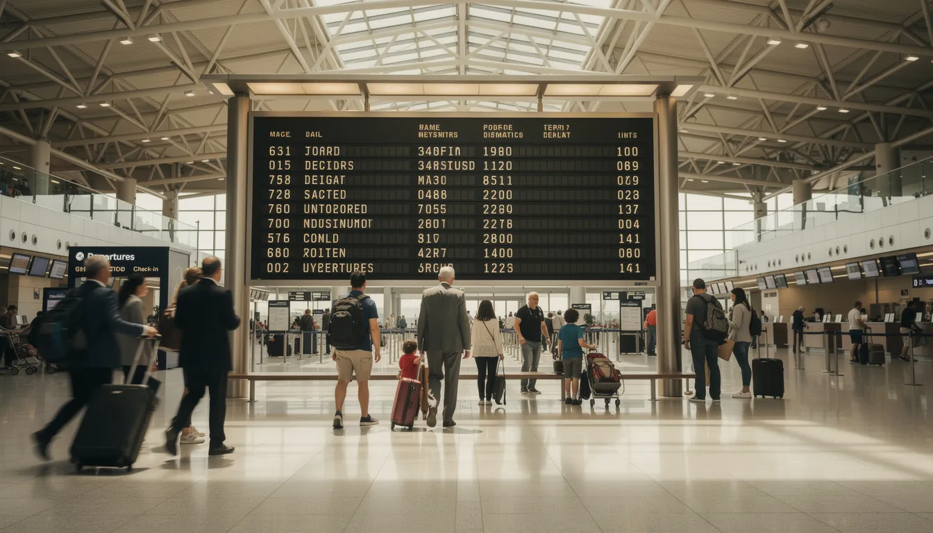 A vintage mechanical split-flap departure board displays flight information in a bustling airport terminal, as travelers walk past. This classic flight information display system provides crucial details such as departing flights, flight numbers, and gate assignments, enhancing the passenger experience amidst the modern airport operations.