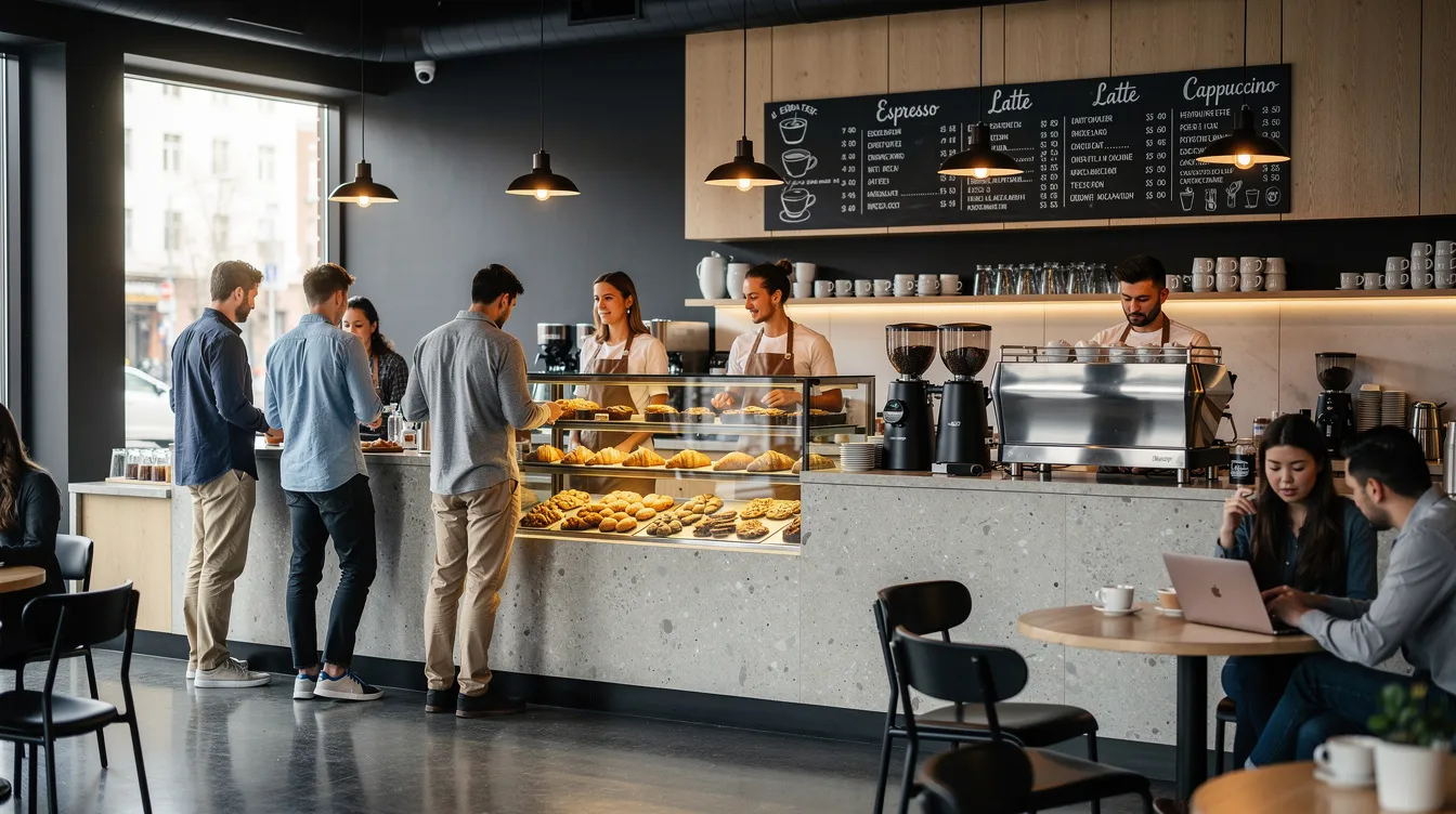 The image shows the interior of a modern coffee shop, where customers are interacting with a counter and viewing dynamic digital menu displays that showcase various drink and food options. The atmosphere is lively, with customers engaged in ordering, highlighting the convenience and efficiency of using digital signage in a bustling café environment.