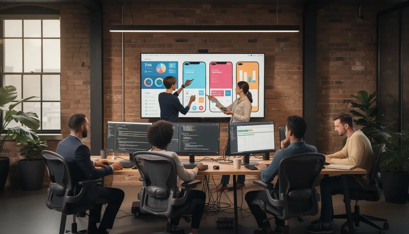 The image depicts a modern creative workspace featuring exposed brick walls and multiple computer monitors, where a team collaborates around a large screen display. This dynamic environment is designed to enhance engagement and facilitate teamwork, making use of digital signage software to connect and deliver engaging content effectively.