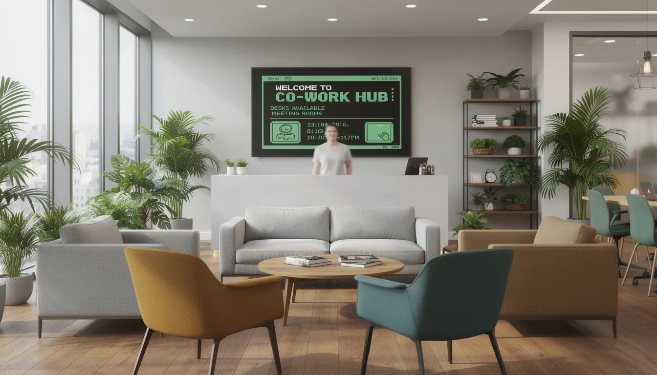 The image showcases a modern coworking space reception area featuring comfortable seating and lush plants, with a wall-mounted screen displaying engaging content in a retro style. This dynamic setup enhances the guest experience and captures attention, making it a perfect environment for collaboration and business activities.