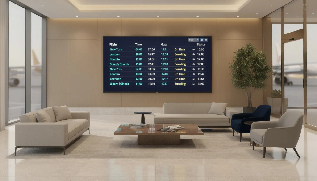 The image depicts a sleek hotel lobby featuring modern furniture and warm lighting, with a large TV screen mounted on the wall displaying a departure board style of information. This dynamic digital signage captures the attention of guests, enhancing their experience while providing engaging content and relevant updates.