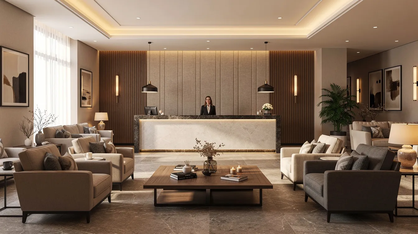 The image depicts a welcoming hotel reception area featuring comfortable seating and warm lighting, complemented by elegant interior design elements. A stylish changeable letter board sign is displayed prominently, inviting guests to explore the hotel's offerings and creating a friendly atmosphere.