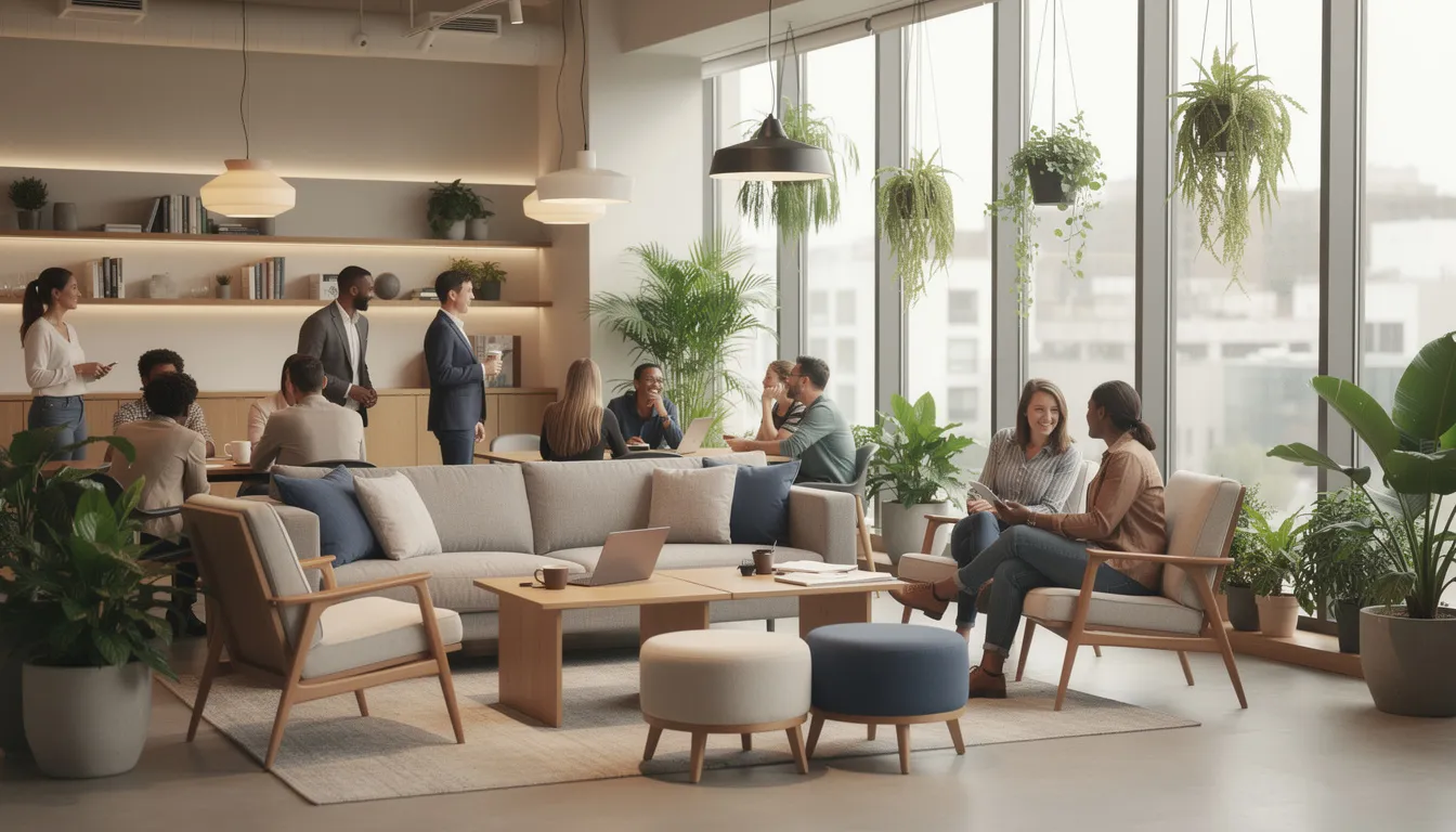 The image depicts a modern coworking lounge area featuring comfortable seating arrangements where individuals are engaged in casual conversations, fostering a collaborative environment. The space is designed to enhance the guest experience and promote networking events among community members.