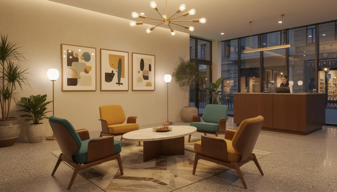 The image depicts a stylish boutique hotel lobby featuring unique mid-century modern furniture, complemented by warm ambient lighting that creates an inviting atmosphere for guests. This modern design serves as a dynamic public space, ideal for enhancing the guest experience and capturing the attention of visitors alike.