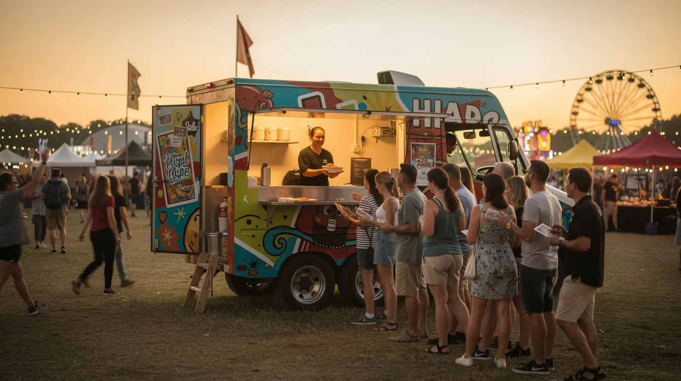 A vibrant food truck is parked at a bustling festival, with a line of eager customers waiting to place their orders. The truck features modern digital menu displays showcasing various food options and pricing, enhancing the customer experience with dynamic visuals and easy navigation.