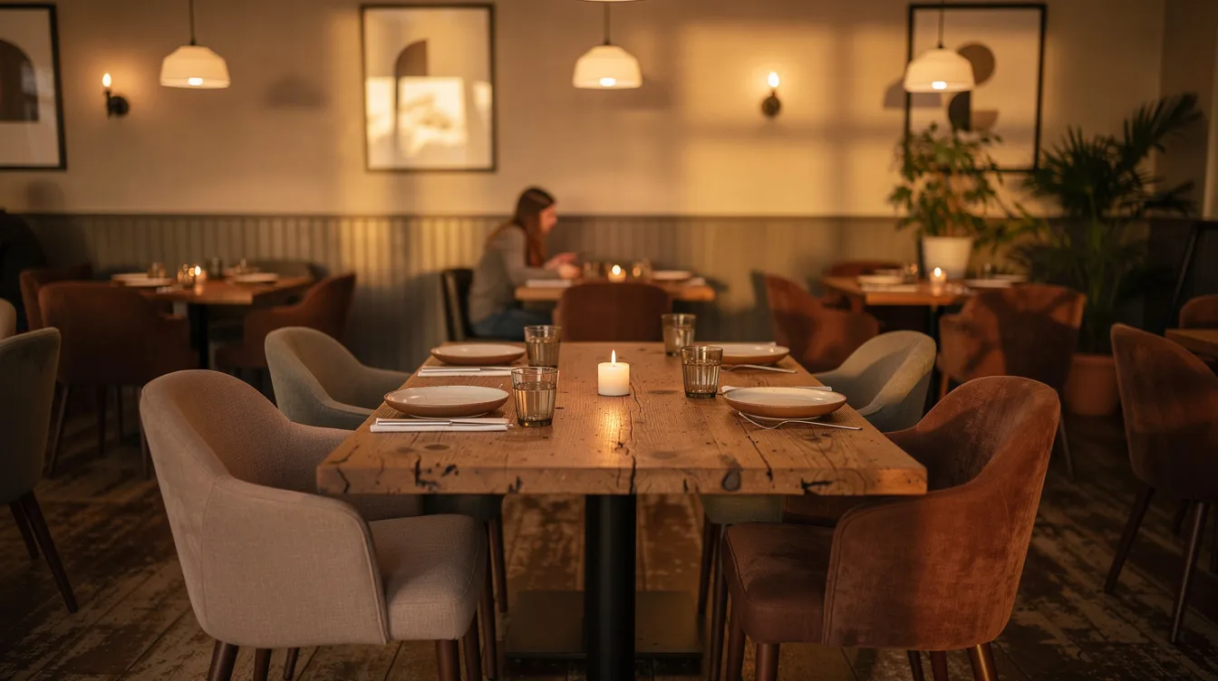 The image depicts a cozy restaurant interior featuring wooden tables and warm lighting, creating an inviting atmosphere for customers. This setting enhances the guest experience, making it an ideal location for enjoying meals and connecting with friends.