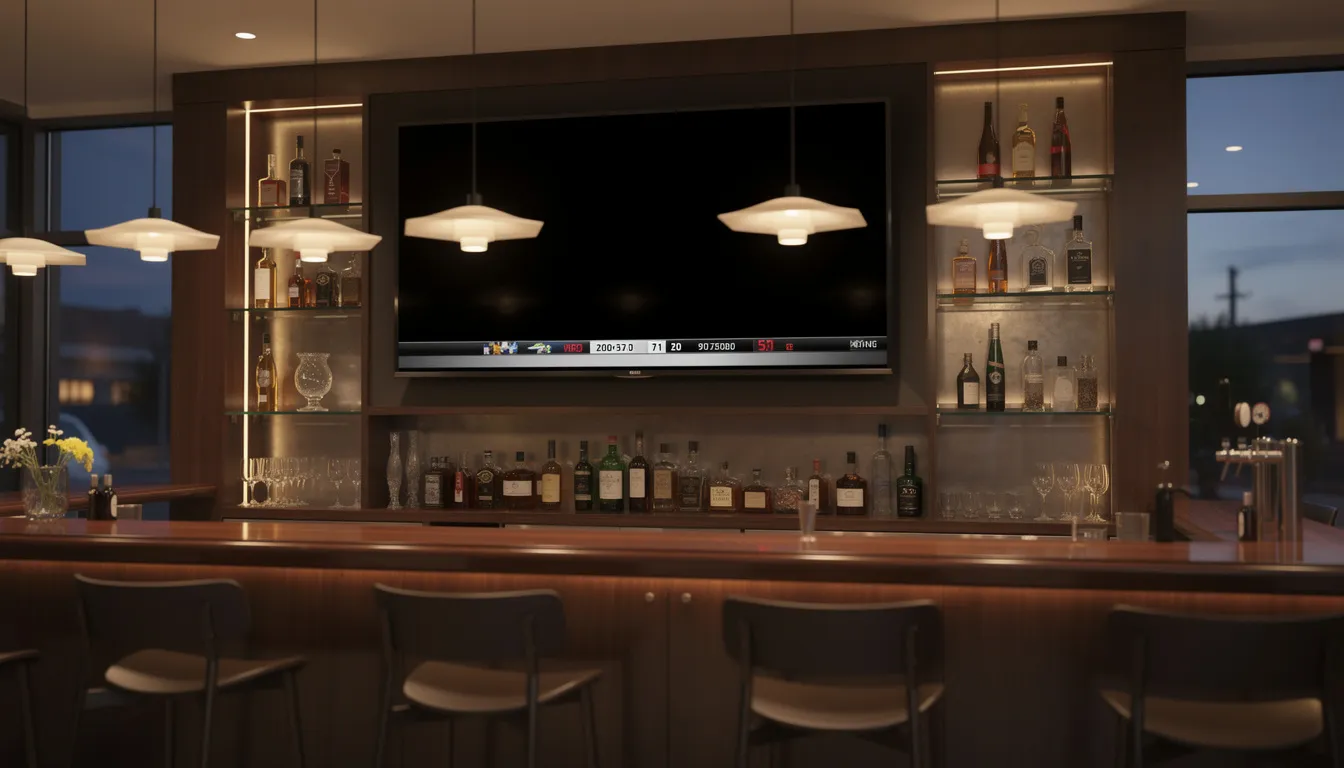 A sleek, modern flat-screen TV is mounted on the wall above a restaurant bar, showcasing dynamic content that captures the attention of customers. This digital display enhances the guest experience by delivering real-time content, making it an essential component of the restaurant's ambiance.