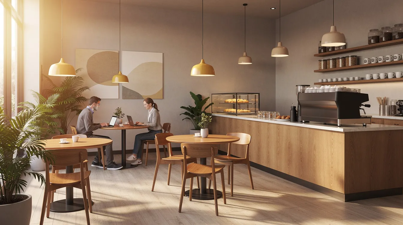 The image shows a modern café interior featuring warm lighting and wooden furniture, creating a cozy atmosphere for air travelers. In the background, a display board may be visible, showcasing flight status and real-time flight information for passengers.