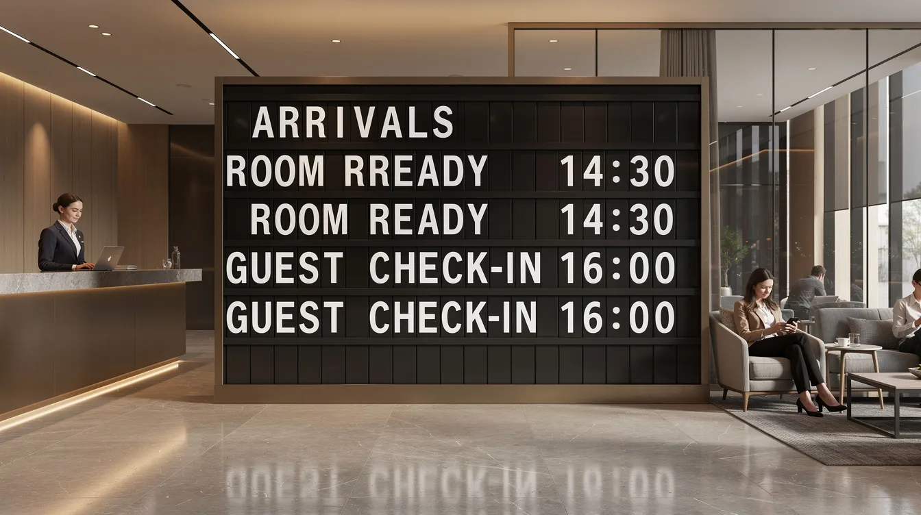 A digital split-flap display in a modern hotel lobby shows arrival times, featuring sleek black and white plastic letters that flip to update information easily. The stylish board serves as a message board for guests, providing a contemporary touch to the hotel's welcoming atmosphere.