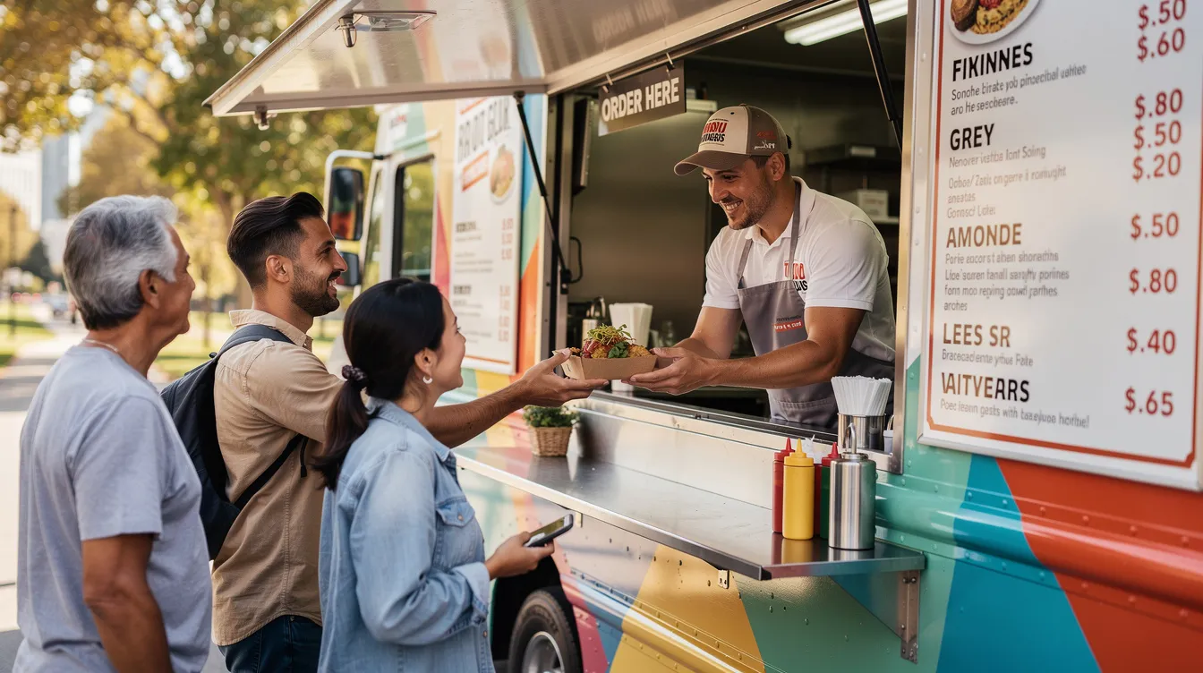 A food truck service window is bustling with activity as a staff member hands a delicious meal to eager customers, while digital menu boards display the day's offerings and prices in direct sunlight. The scene captures the vibrant atmosphere of the food truck business, showcasing the convenience of outdoor dining and the friendly interaction between the seller and patrons.
