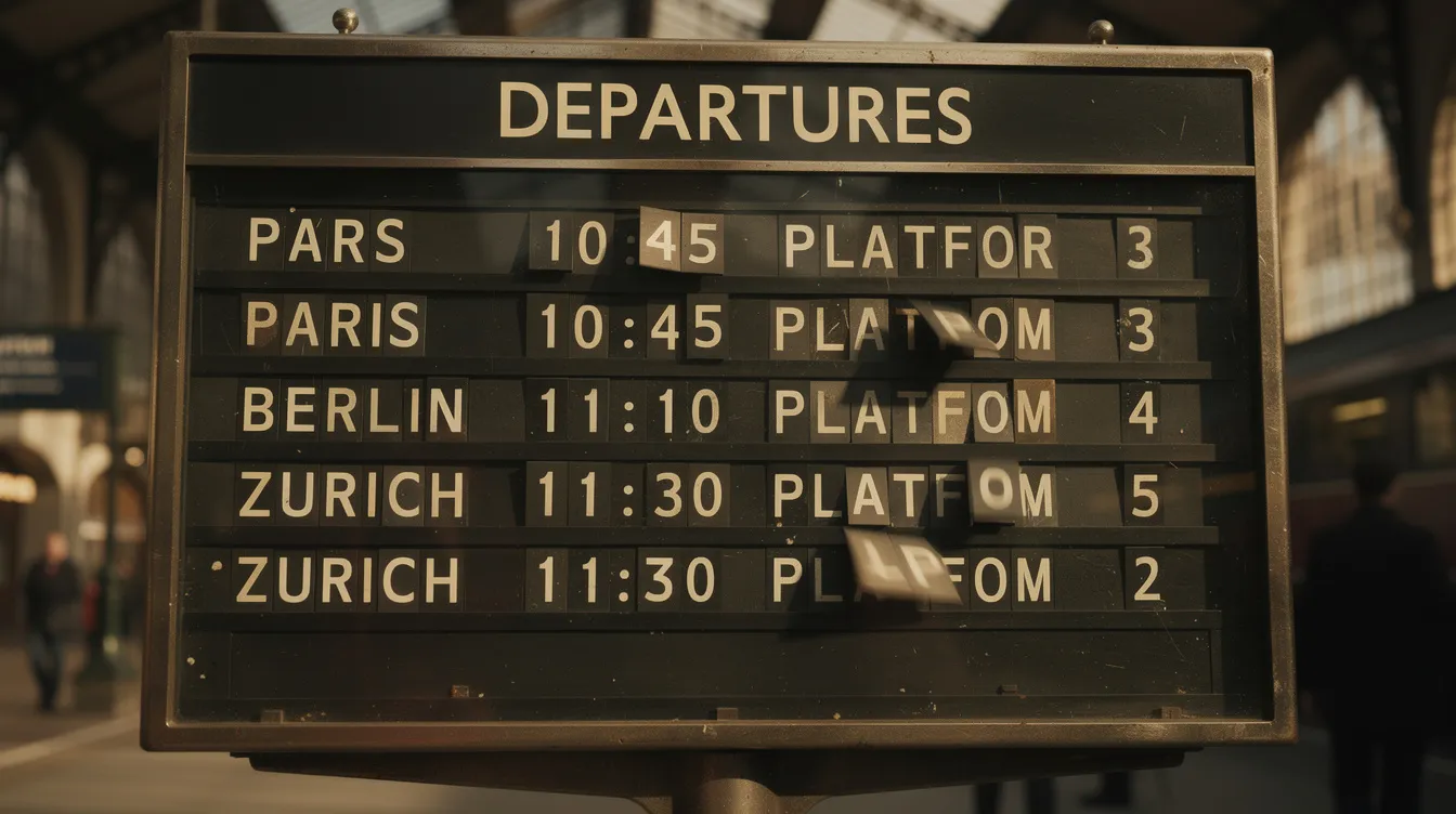 The image features a vintage train station departure board with flipping letters, reminiscent of traditional boards used to display information. This nostalgic design evokes a sense of history and charm, perfect for enhancing the overall atmosphere of cafes or restaurants looking to create a unique menu display.