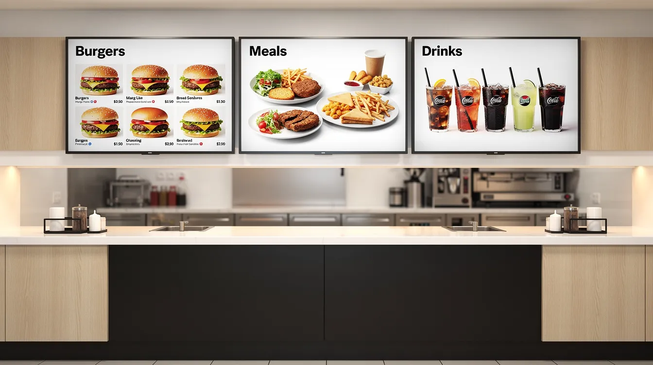 The image depicts a modern quick-service restaurant counter featuring three digital menu boards mounted above, displaying various food items. These digital menu displays utilize digital signage software to enhance customer engagement and streamline menu management in real time.