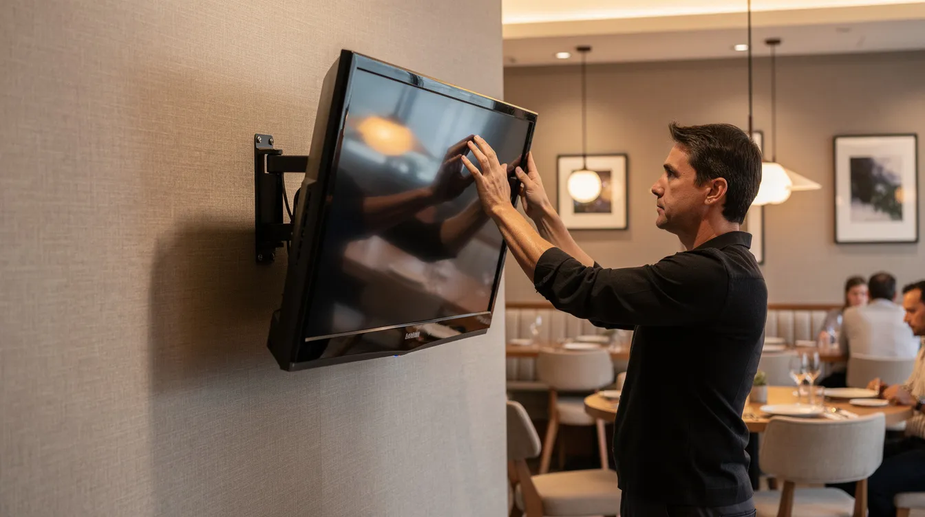 The image shows a person in a restaurant setting adjusting the angle of a wall-mounted television, which serves as a digital menu board displaying real-time content for customers. The individual is focused on optimizing the visibility of the screen to enhance the dining experience and engage the audience with dynamic advertisements and menus.