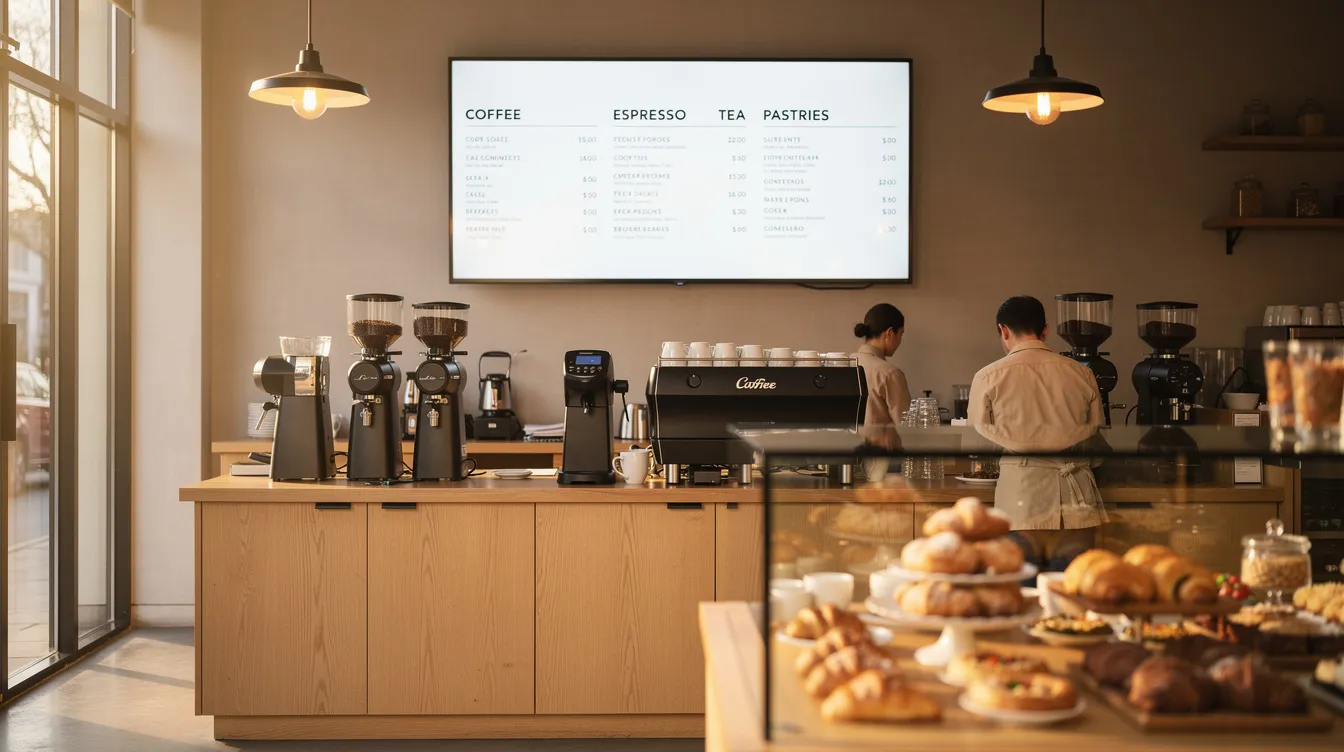 The image depicts the interior of a cozy coffee shop featuring a single digital menu board mounted above the ordering counter, displaying menu items and prices in a vibrant, easy-to-read format. This interactive digital signage enhances the customer experience by providing dynamic content and promotions, making it a great solution for quick service restaurants.