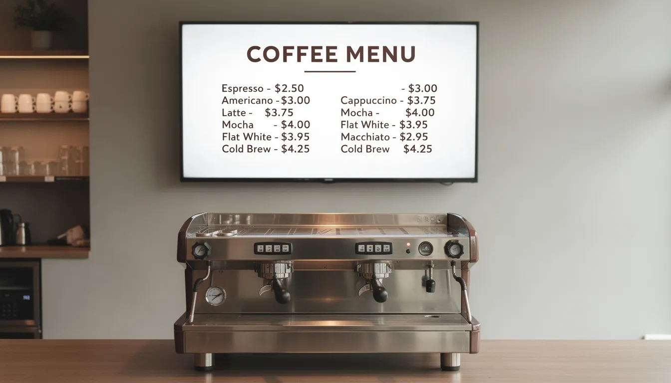 A flat screen TV is mounted above an espresso machine, displaying a vibrant coffee menu with drink names and prices, designed to enhance the guest experience in coffee shops. The digital signage captures the attention of customers, providing dynamic content in a modern café environment.