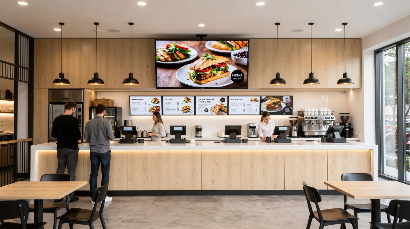 The image shows a modern restaurant interior featuring a sleek service counter with a wall-mounted TV display above it, likely showcasing interactive digital menu boards that enhance customer experience with dynamic visuals and easy updates. The contemporary design of the space reflects a professional atmosphere, making it an inviting spot for diners.