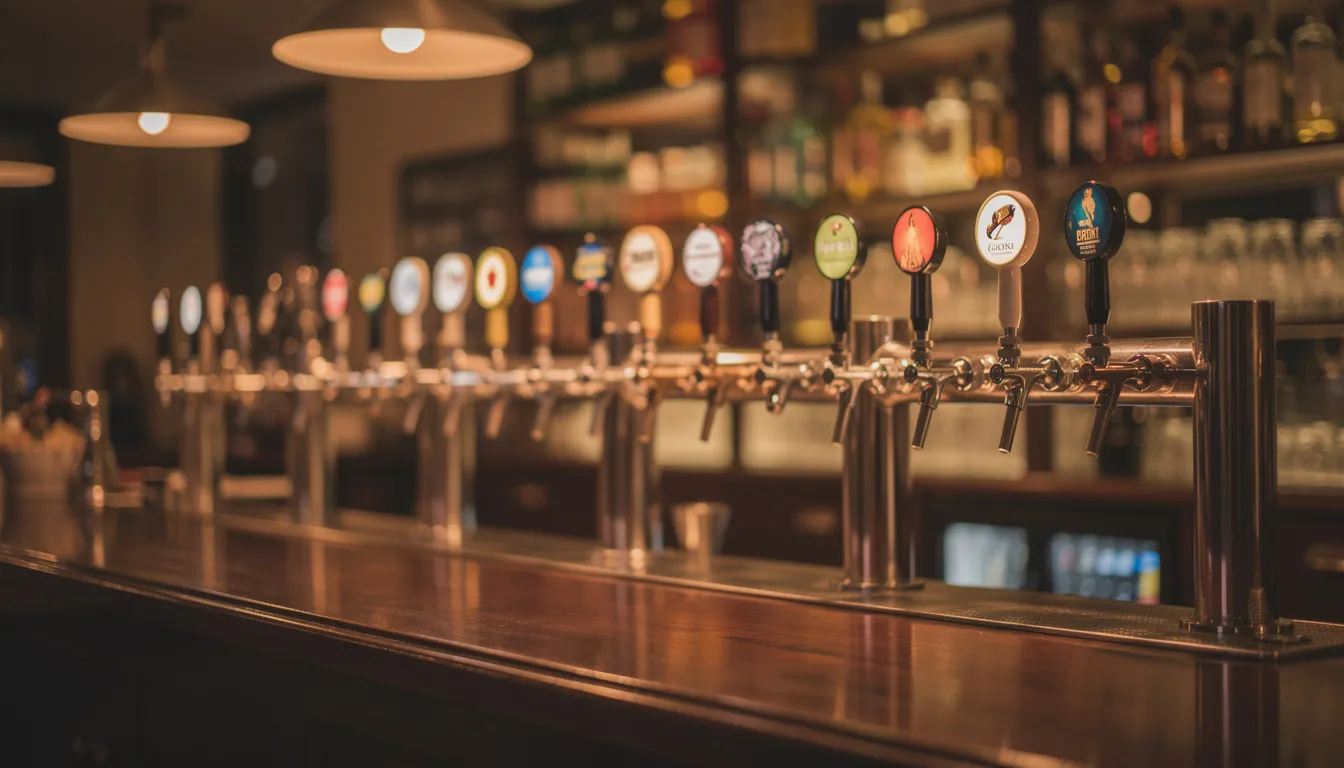 The image features a row of craft beer taps at a bar, illuminated by warm ambient lighting, creating an inviting atmosphere for customers. The taps showcase a variety of beer options, enhancing the guest experience in this dynamic public space.