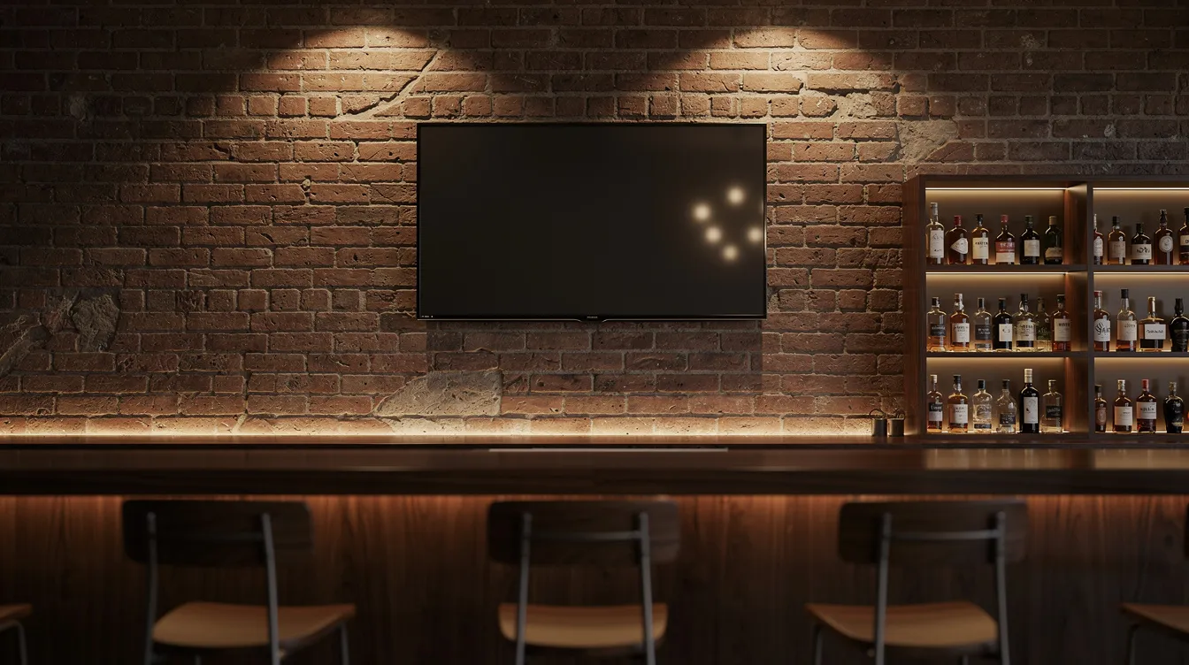 A modern bar features a smart TV mounted on a stylish brick wall, illuminated by ambient lighting that enhances the inviting atmosphere. The TV serves as a dynamic content display, capturing the attention of customers and enhancing their overall guest experience.